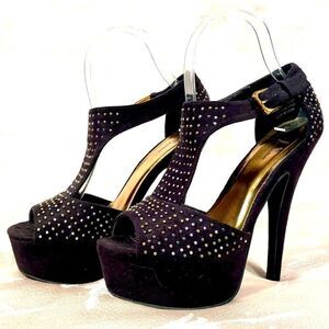 BLACK SUEDE ANKLE STRAP OPEN TOE 6” HEELS SIZE 8.5